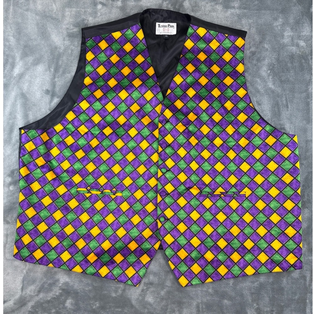 Tuxedo Park Mens 5XL Mardi Gras Harlequin Diamond Vest Purple Green Gold‎ Cotton